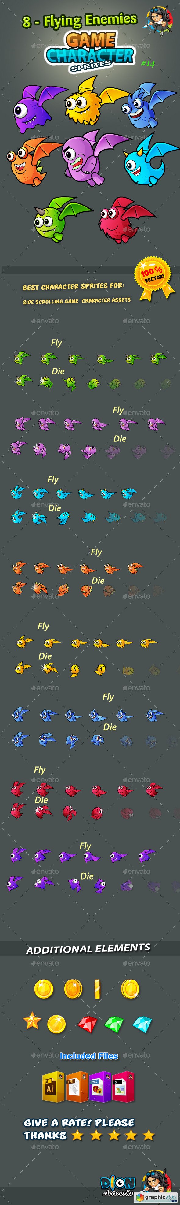 8 Flying Monster Enemies Character Sprites